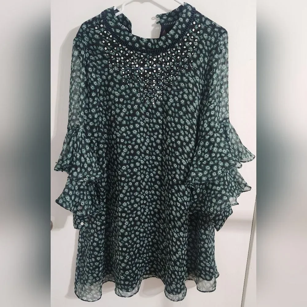 Floral Ruffle-Sleeve Shift Dress - Teal/Black - Picture 7 of 12